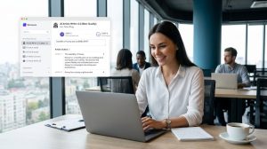 Uma mulher sorridente utilizando um notebook em um escritório moderno com vista para a cidade. No canto da imagem, destaca-se uma janela com a interface do Writesonic mostrando a ferramenta 'AI Article Writer' criando um rascunho de artigo para blog.