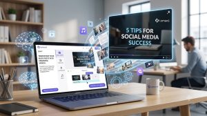 Imagem no formato 16:9 que mostra um laptop aberto sobre uma mesa de madeira em um ambiente de escritório claro e moderno. A tela do laptop exibe a plataforma Lumen5, com uma interface focada em transformar texto em vídeo com ajuda de IA. Ao redor do computador, elementos holográficos e brilhantes flutuam no ar, incluindo ícones de cérebros (representando a inteligência artificial), engrenagens, símbolos de música e imagem, além de uma tela de vídeo em destaque com o texto "5 TIPS FOR SOCIAL MEDIA SUCCESS". À direita do laptop, há uma caneca branca de café com o logotipo do Lumen5. Ao fundo, levemente desfocado, um homem trabalha em outro computador próximo a uma janela.