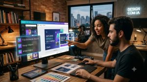 Fotografia fotorrealista em um estúdio criativo focado em design, mostrando a interface real do Estúdio Mágico do Canva para criação com IA em um monitor, com dois designers colaborando na criação gráfica.