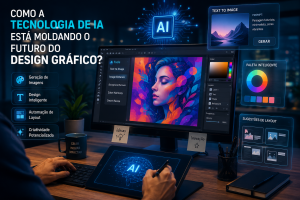 Ilustração mostrando como a tecnologia de IA está moldando o futuro do design gráfico com ferramentas inteligentes de criação, edição e automação de imagens.