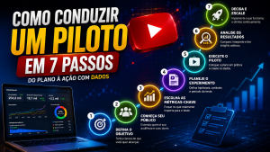 Infográfico premium em formato 16:9 mostrando como conduzir um piloto em sete passos, com fluxo visual de planejamento, definição de objetivos, escolha de métricas, execução do teste, análise de resultados e escalabilidade baseada em dados.