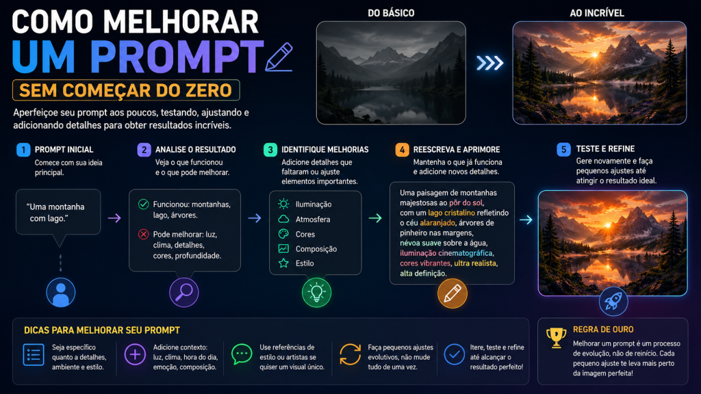 Infográfico mostrando como melhorar um prompt sem começar do zero, com técnicas de refinamento, adição de detalhes, ajustes de estilo e comparação entre resultados básicos e avançados gerados por IA.