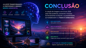 Ilustração futurista representando a conclusão sobre a criação de imagens com inteligência artificial em 2026, mostrando um designer utilizando IA para produzir artes digitais, simbolizando inovação, criatividade e colaboração entre humanos e tecnologia.