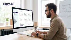 Um profissional de marketing trabalhando em um computador de mesa em um ambiente iluminado. A tela exibe o painel do Copy.ai com diversos modelos de inteligência artificial para geração de textos e copywriting, ao lado de um quadro com ideias de brainstorm.