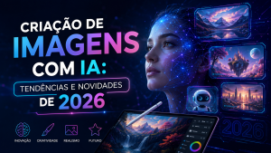 Ilustração futurista representando a criação de imagens com inteligência artificial, destacando as principais tendências e novidades de 2026, com interface digital, arte gerada por IA e elementos tecnológicos.