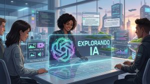 Uma equipe de profissionais em um escritório futurista colaborando ao redor de uma mesa digital interativa, explorando os recursos e o ecossistema do ChatGPT.