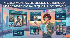 Infográfico em estilo ilustração digital 16:9 intitulado "Ferramentas de Design de Imagem Baseadas em IA: O Que Há de Novo?". Uma designer usando óculos inteligentes interage com uma grande tela curva futurista. A interface exibe novidades em recursos digitais: