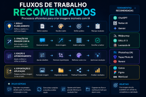 Infográfico mostrando fluxos de trabalho recomendados para criar, editar e publicar imagens com inteligência artificial utilizando diferentes ferramentas de IA.