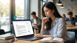Uma mulher focada estudando e escrevendo em um notebook em um café bem iluminado. A tela exibe a interface do Grammarly corrigindo um texto em tempo real, com marcações de gramática e sugestões de estilo, além do logotipo verde da marca ao fundo.