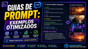 Imagem premium em formato 16:9 sobre guias de prompt para inteligência artificial, apresentando exemplos de prompts otimizados, estrutura recomendada, parâmetros técnicos e resultados gerados por IA para criação de imagens de alta qualidade.