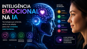 Ilustração futurista mostrando a inteligência emocional na IA, com uma inteligência artificial analisando emoções humanas por meio de reconhecimento facial e redes neurais, representando empatia, compreensão e interação entre humanos e tecnologia.