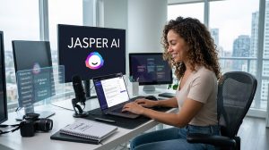 Uma profissional sorridente trabalhando em uma bancada moderna com notebooks e monitores. Em uma das telas do computador, destaca-se o logotipo e o nome "Jasper AI", acompanhado por elementos gráficos holográficos de planejamento de conteúdo e palavras-chave.