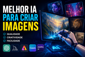 Ilustração mostrando as melhores ferramentas de inteligência artificial para criar imagens, incluindo exemplos de arte digital, fotografia e design gerados por IA.