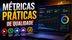 Ilustração premium em formato 16:9 representando métricas práticas de qualidade no YouTube Analytics, com painel de desempenho exibindo gráficos, CTR, retenção de audiência, tempo de exibição, visualizações e crescimento do canal.