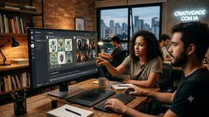 Fotografia fotorrealista em um estúdio criativo, mostrando a interface real do Midjourney rodando no Discord em um monitor, com dois designers colaborando na criação de imagens.