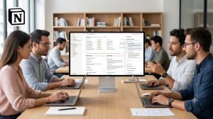 Uma equipe de profissionais reunida ao redor de uma mesa de escritório moderna colaborando com notebooks. No centro, um grande monitor exibe a interface do Notion AI aberta com documentos, tabelas organizadas e um menu lateral de assistente de inteligência artificial.