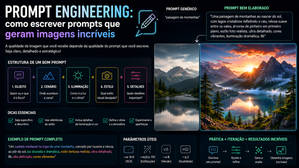 **Nome do arquivo (SEO):**
`prompt-engineering-como-escrever-prompts-que-geram-imagens-incriveis.webp`

**Texto alternativo (alt):**
`Infográfico sobre Prompt Engineering mostrando como escrever prompts detalhados para gerar imagens incríveis com inteligência artificial, incluindo estrutura, exemplos e boas práticas.`
