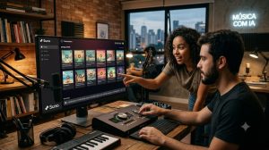 Fotografia fotorrealista em um estúdio criativo focado em áudio, mostrando a interface real da Suno AI para geração de música em um monitor, com dois designers colaborando na criação sonora.