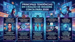 Infográfico futurista em formato 16:9 intitulado "Principais Tendências Em Criação de Imagens com IA para 2026". A imagem apresenta um cenário tecnológico com profissionais utilizando óculos de realidade aumentada e interfaces holográficas. O conteúdo está dividido em cinco colunas destacadas por neon: