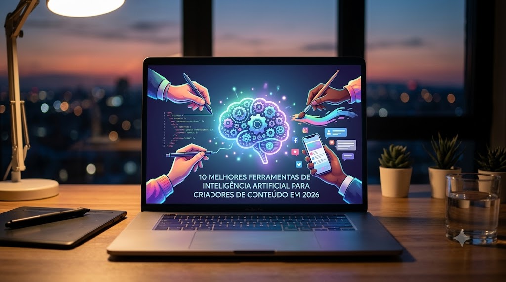 Notebook em uma mesa de trabalho exibindo na tela o título 10 Melhores Ferramentas de Inteligência Artificial para Criadores de Conteúdo em 2026 com elementos gráficos de IA.