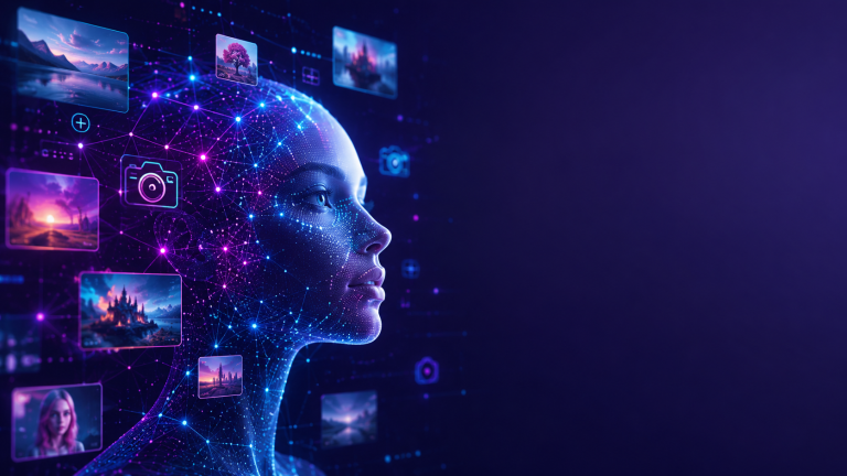 Ilustração futurista representando inteligência artificial para criação de imagens, com rosto digital formado por redes neurais, miniaturas de imagens flutuantes e elementos de interface em tons de azul, ciano e magenta, ilustrando o guia completo das melhores IAs para criar imagens em 2026.