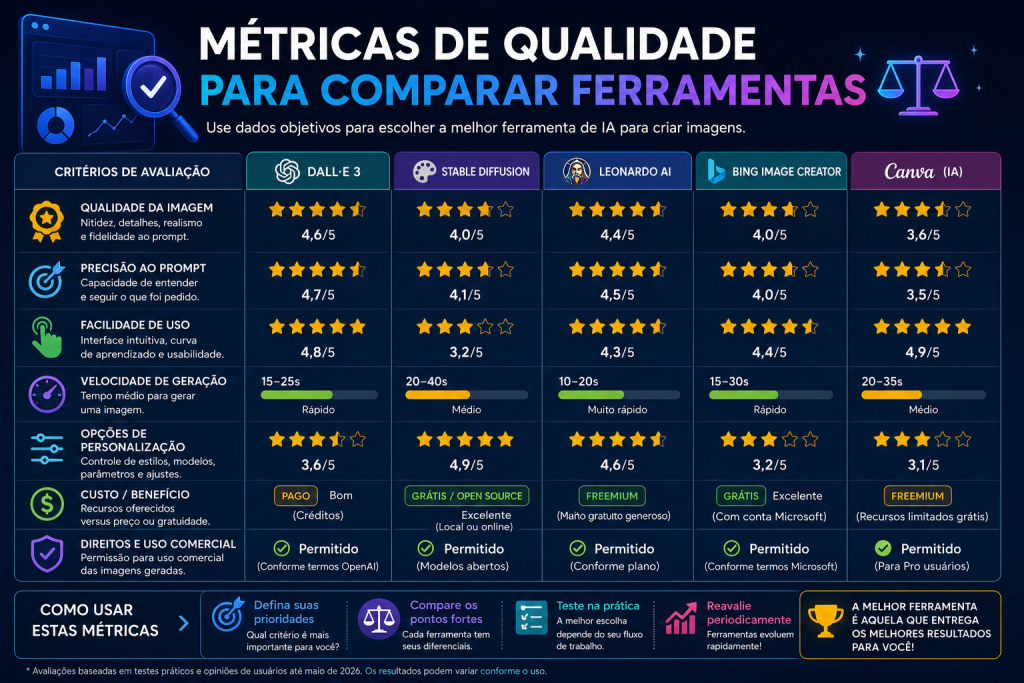 **Nome do arquivo (SEO):**
`metricas-de-qualidade-para-comparar-ferramentas-de-ia-2026.png`

**Texto alternativo (alt text):**
`Infográfico comparando ferramentas de inteligência artificial para criação de imagens com métricas de qualidade, incluindo fidelidade ao prompt, realismo, velocidade de geração, facilidade de uso, personalização, custo-benefício e licença para uso comercial.`
