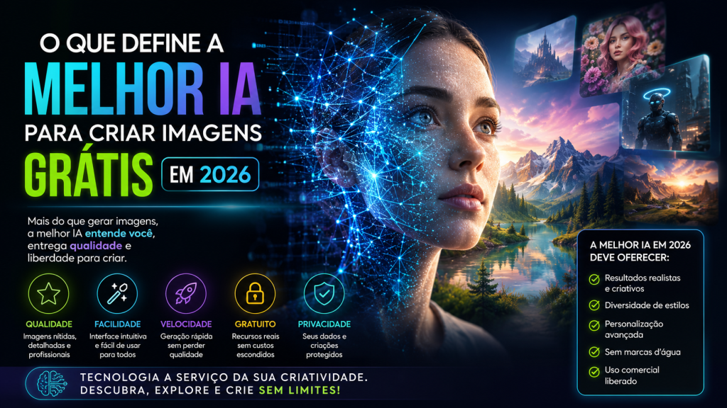 Ilustração futurista representando a melhor IA para criar imagens grátis em 2026, com rosto humano integrado à inteligência artificial, exemplos de imagens geradas e recursos como qualidade, facilidade de uso, velocidade, privacidade e criação sem custos.