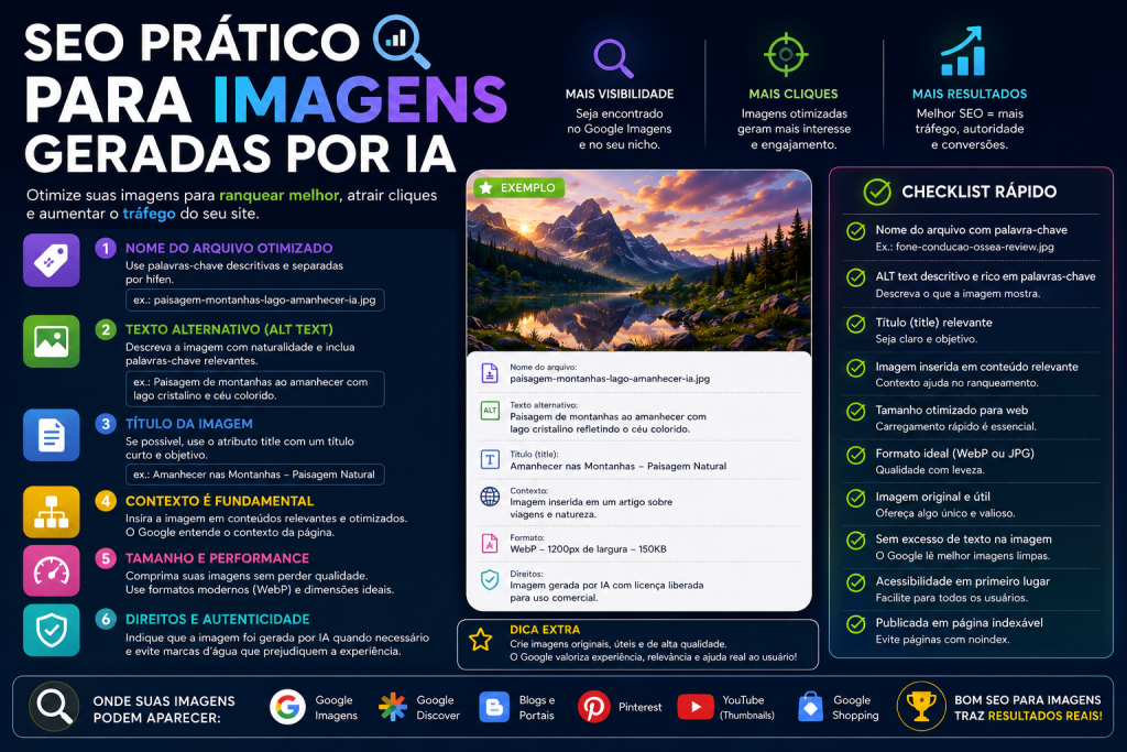 **Nome do arquivo (SEO):**
`seo-pratico-para-imagens-geradas-por-ia-2026.png`

**Texto alternativo (alt text):**
`Infográfico sobre SEO prático para imagens geradas por inteligência artificial, mostrando boas práticas como nome do arquivo otimizado, texto alternativo (alt text), título da imagem, contexto da página, compressão, formato WebP e checklist para melhorar o ranqueamento no Google Imagens.`
